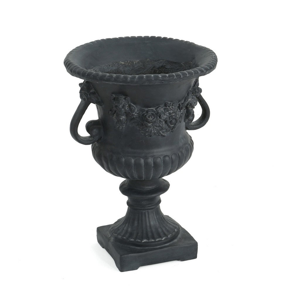 Urn Planter on Pedestal, Cherubs, Carved Antique Black Concrete 24 Inch - BM355291