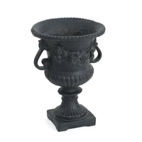 Urn Planter on Pedestal, Cherubs, Carved Antique Black Concrete 24 Inch - BM355291