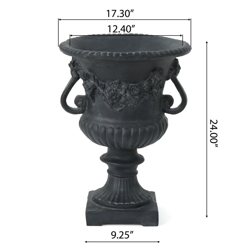 Urn Planter on Pedestal, Cherubs, Carved Antique Black Concrete 24 Inch - BM355291