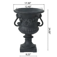 Urn Planter on Pedestal, Cherubs, Carved Antique Black Concrete 24 Inch - BM355291