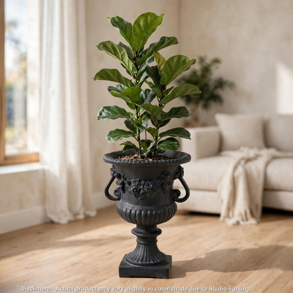 Urn Planter on Pedestal, Cherubs, Carved Antique Black Concrete 24 Inch - BM355291