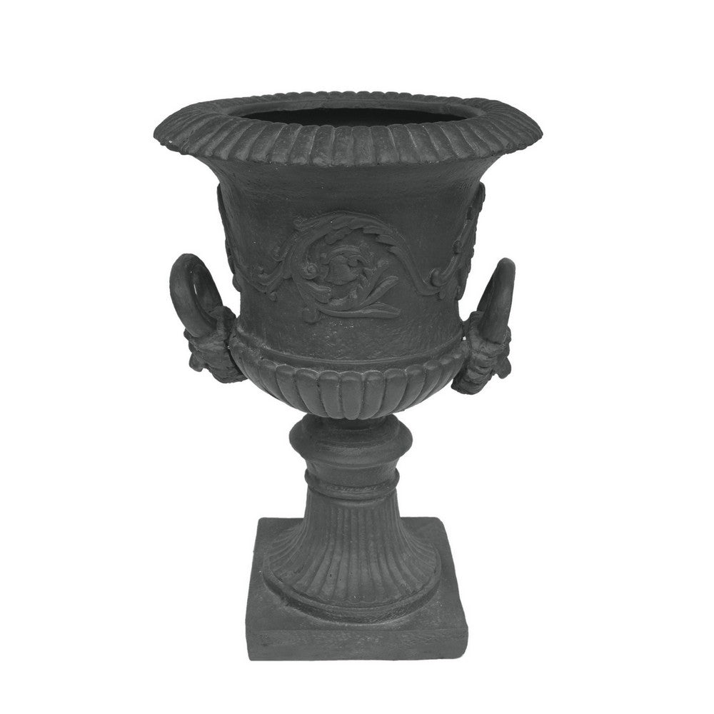 Kiti Urn Planter on Pedestal, Antique Gray Concrete w Carving, 28 Inch - BM355294