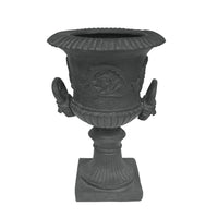 Kiti Urn Planter on Pedestal, Antique Gray Concrete w Carving, 28 Inch - BM355294