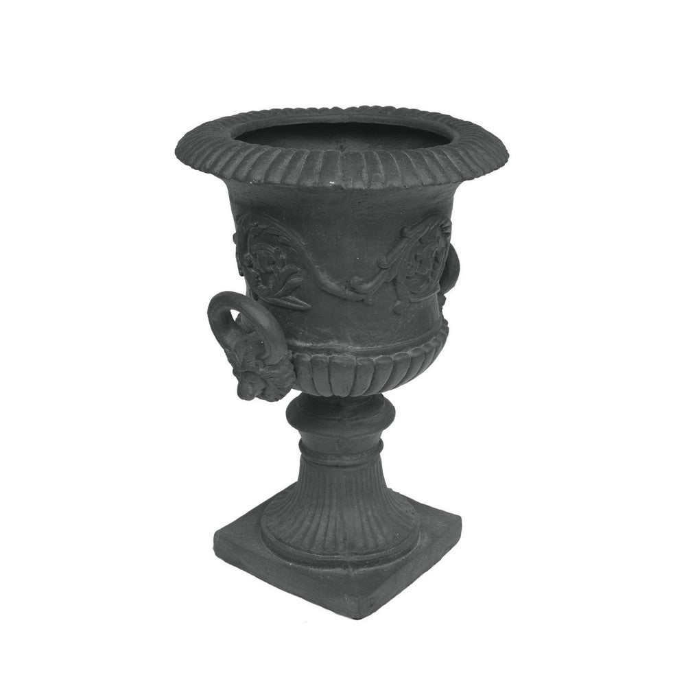 Kiti Urn Planter on Pedestal, Antique Gray Concrete w Carving, 28 Inch - BM355294