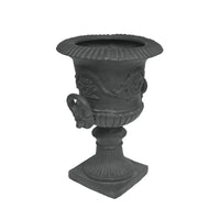 Kiti Urn Planter on Pedestal, Antique Gray Concrete w Carving, 28 Inch - BM355294