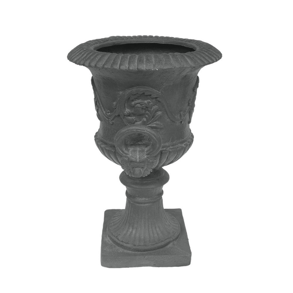 Kiti Urn Planter on Pedestal, Antique Gray Concrete w Carving, 28 Inch - BM355294