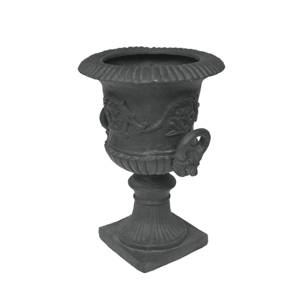 Kiti Urn Planter on Pedestal, Antique Gray Concrete w Carving, 28 Inch - BM355294