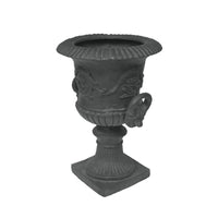 Kiti Urn Planter on Pedestal, Antique Gray Concrete w Carving, 28 Inch - BM355294