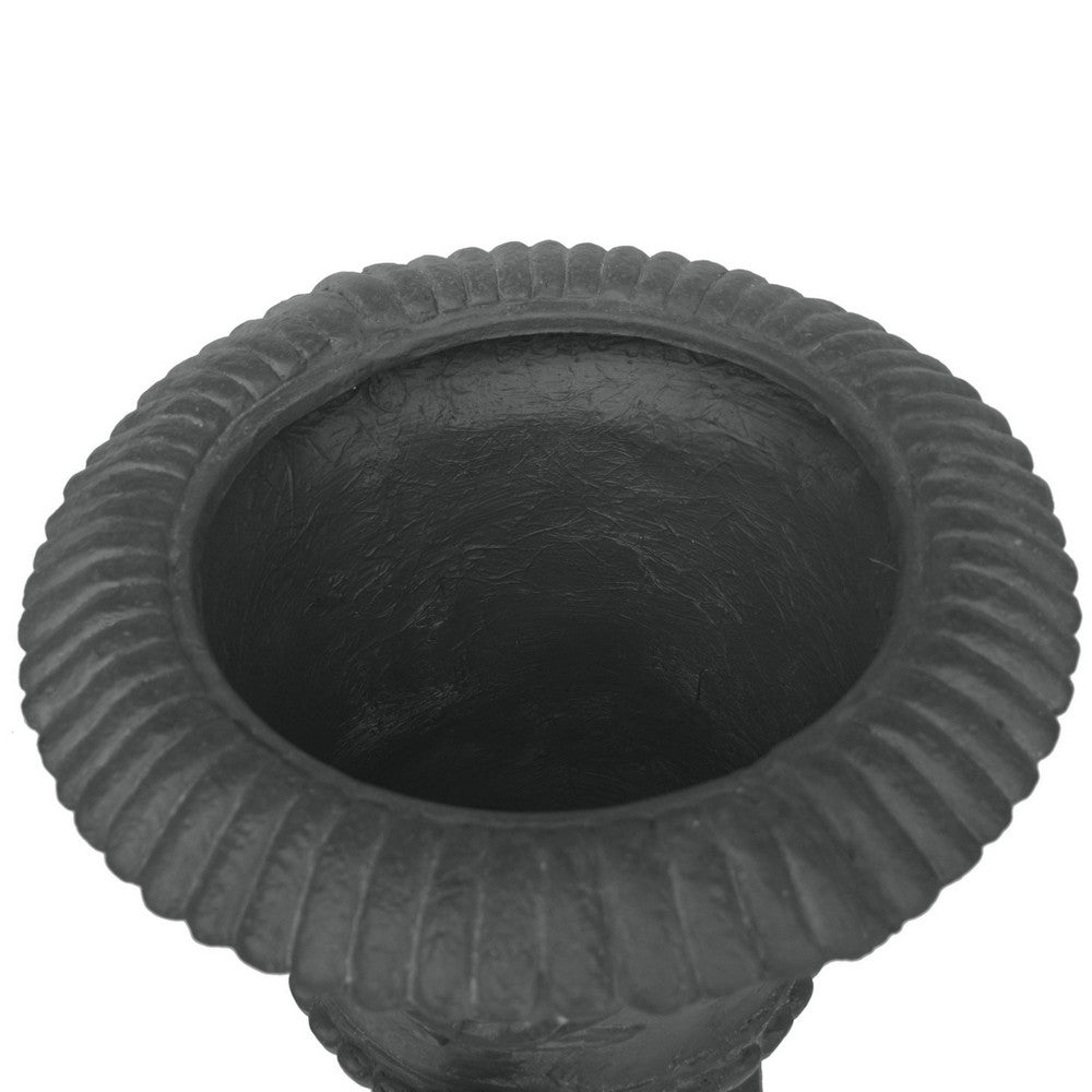 Kiti Urn Planter on Pedestal, Antique Gray Concrete w Carving, 28 Inch - BM355294