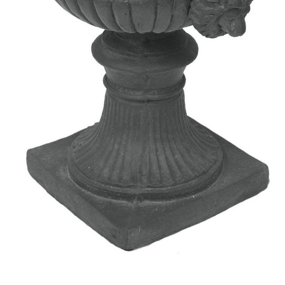 Kiti Urn Planter on Pedestal, Antique Gray Concrete w Carving, 28 Inch - BM355294