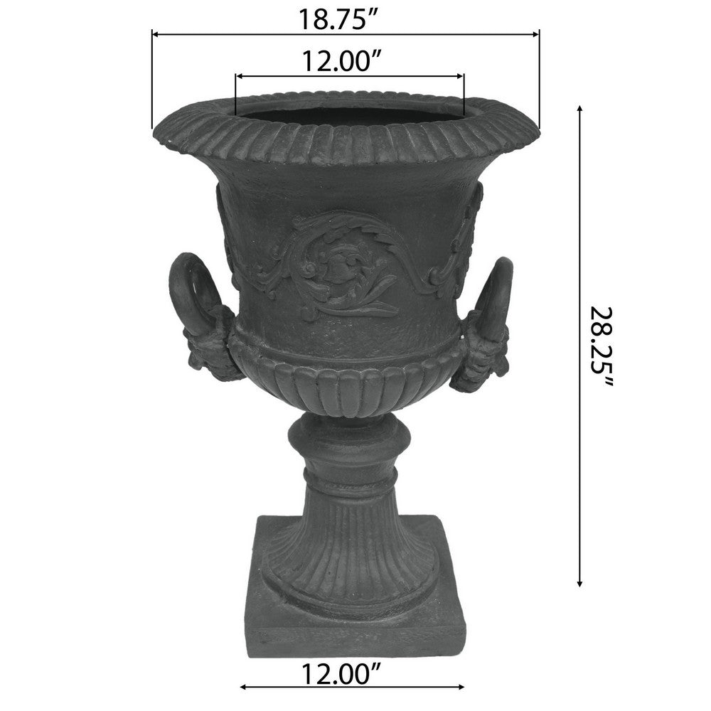 Kiti Urn Planter on Pedestal, Antique Gray Concrete w Carving, 28 Inch - BM355294