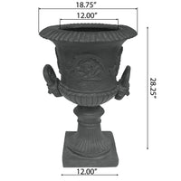 Kiti Urn Planter on Pedestal, Antique Gray Concrete w Carving, 28 Inch - BM355294