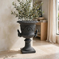 Kiti Urn Planter on Pedestal, Antique Gray Concrete w Carving, 28 Inch - BM355294