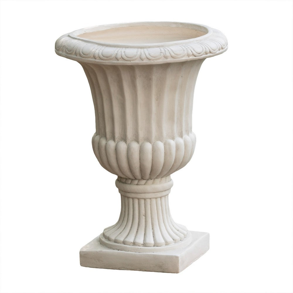 Italian Urn Planter, Campana Shape, Fluted Antique White Concrete 27 Inch - BM355296