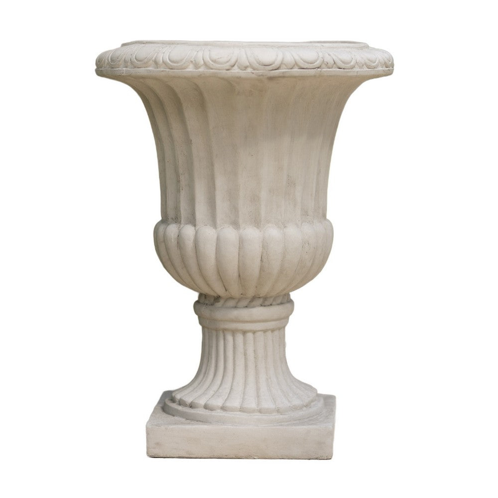 Italian Urn Planter, Campana Shape, Fluted Antique White Concrete 27 Inch - BM355296