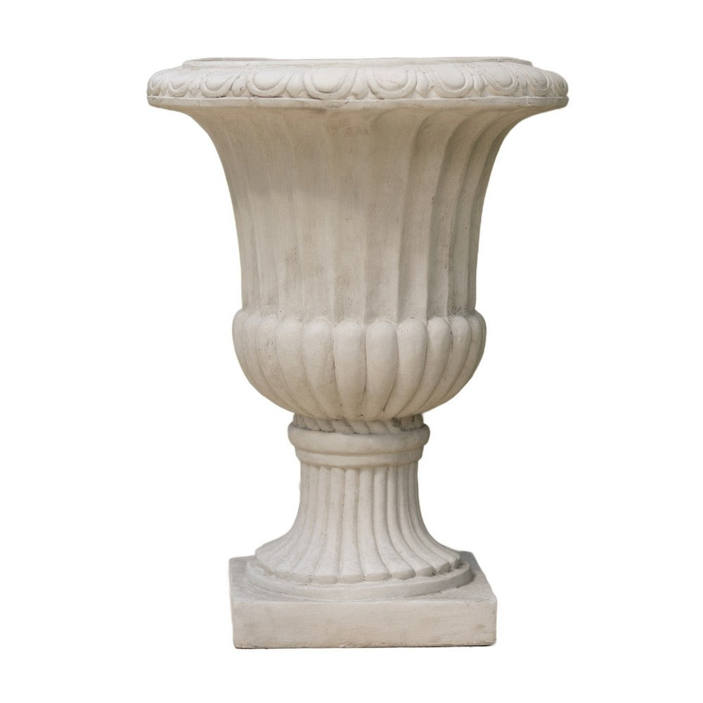 Italian Urn Planter, Campana Shape, Fluted Antique White Concrete 27 Inch - BM355296