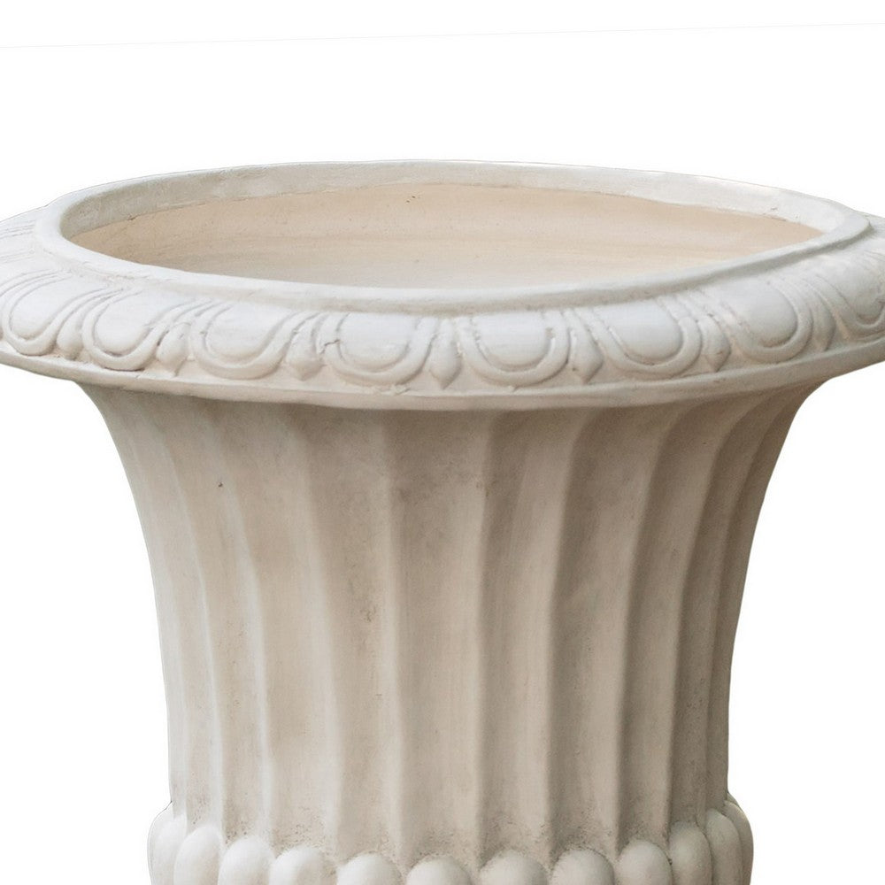 Italian Urn Planter, Campana Shape, Fluted Antique White Concrete 27 Inch - BM355296