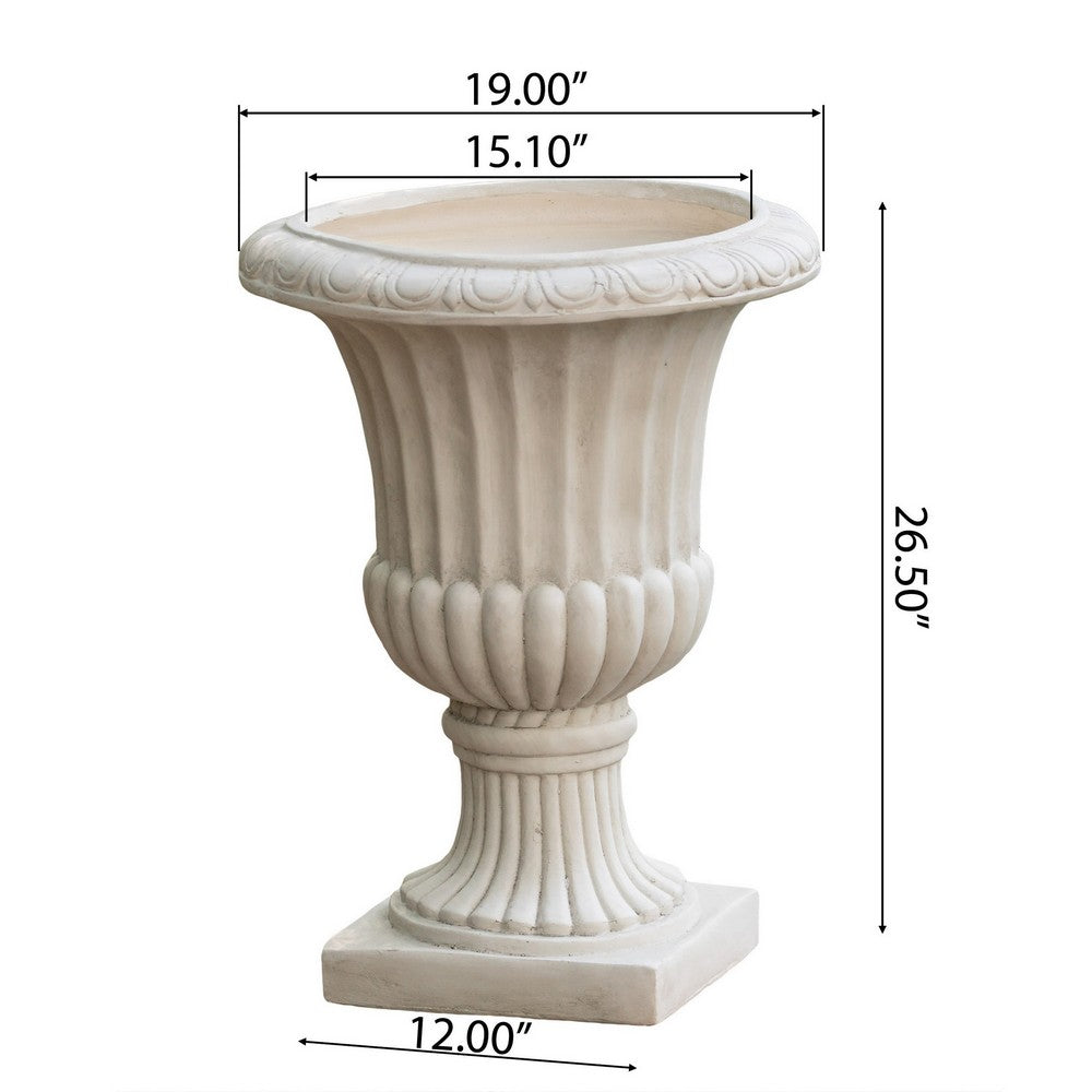 Italian Urn Planter, Campana Shape, Fluted Antique White Concrete 27 Inch - BM355296