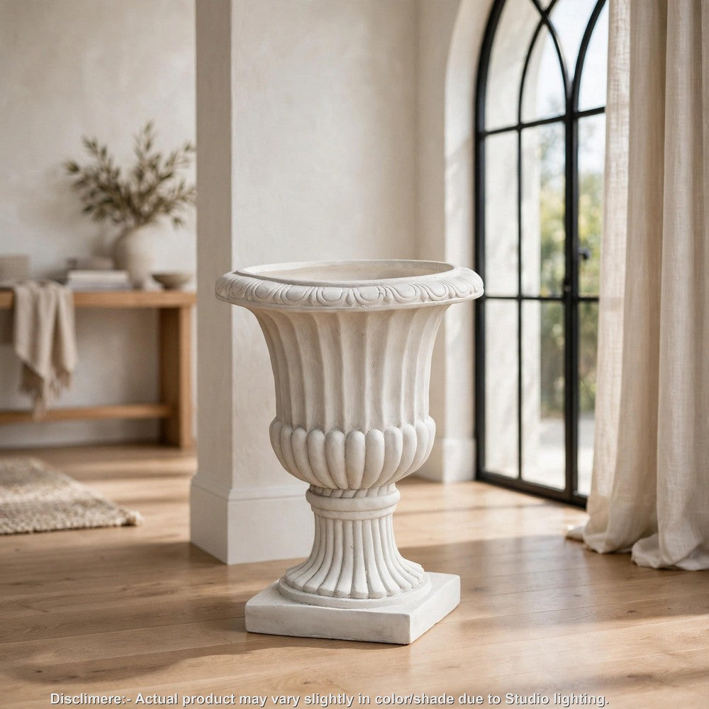 Italian Urn Planter, Campana Shape, Fluted Antique White Concrete 27 Inch - BM355296