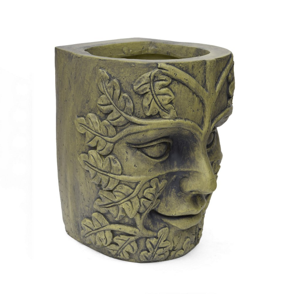 Urn Planter, Man Face, Cylindrical Shape, Antique Green Concrete 14 Inch-BM355298