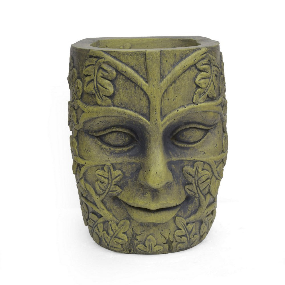 Urn Planter, Man Face, Cylindrical Shape, Antique Green Concrete 14 Inch-BM355298