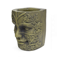 Urn Planter, Man Face, Cylindrical Shape, Antique Green Concrete 14 Inch-BM355298
