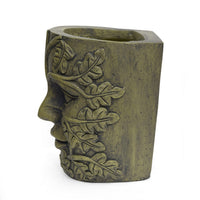 Urn Planter, Man Face, Cylindrical Shape, Antique Green Concrete 14 Inch-BM355298