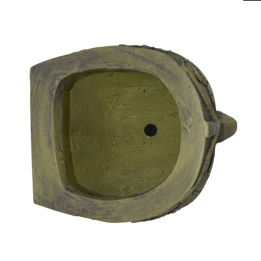 Urn Planter, Man Face, Cylindrical Shape, Antique Green Concrete 14 Inch-BM355298