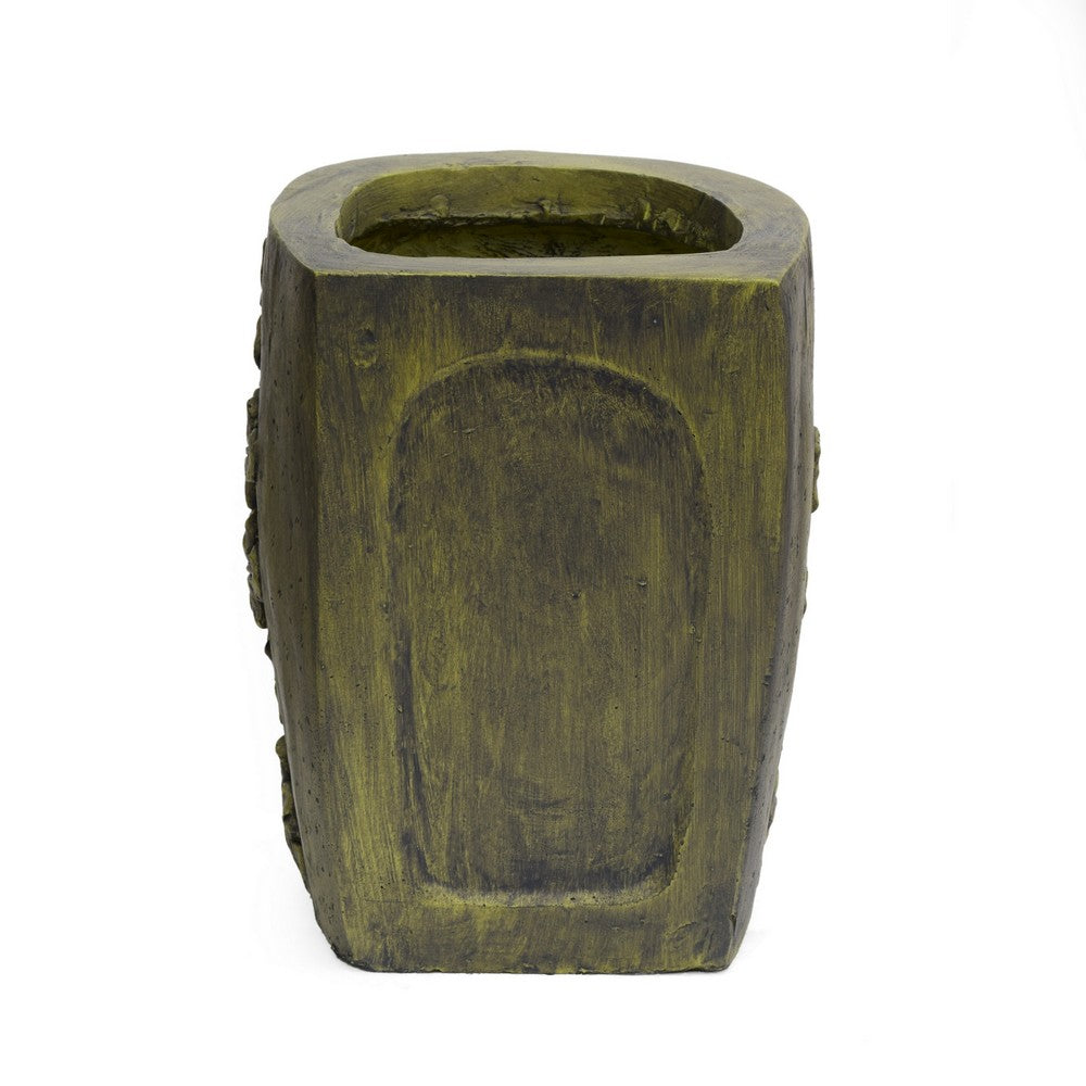 Urn Planter, Man Face, Cylindrical Shape, Antique Green Concrete 14 Inch-BM355298