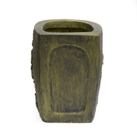 Urn Planter, Man Face, Cylindrical Shape, Antique Green Concrete 14 Inch-BM355298