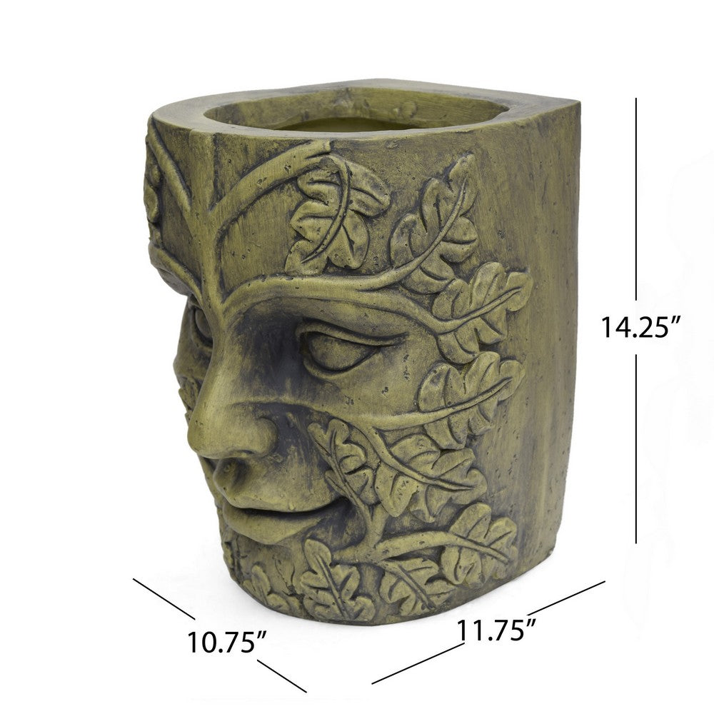 Urn Planter, Man Face, Cylindrical Shape, Antique Green Concrete 14 Inch-BM355298