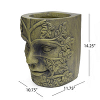 Urn Planter, Man Face, Cylindrical Shape, Antique Green Concrete 14 Inch-BM355298