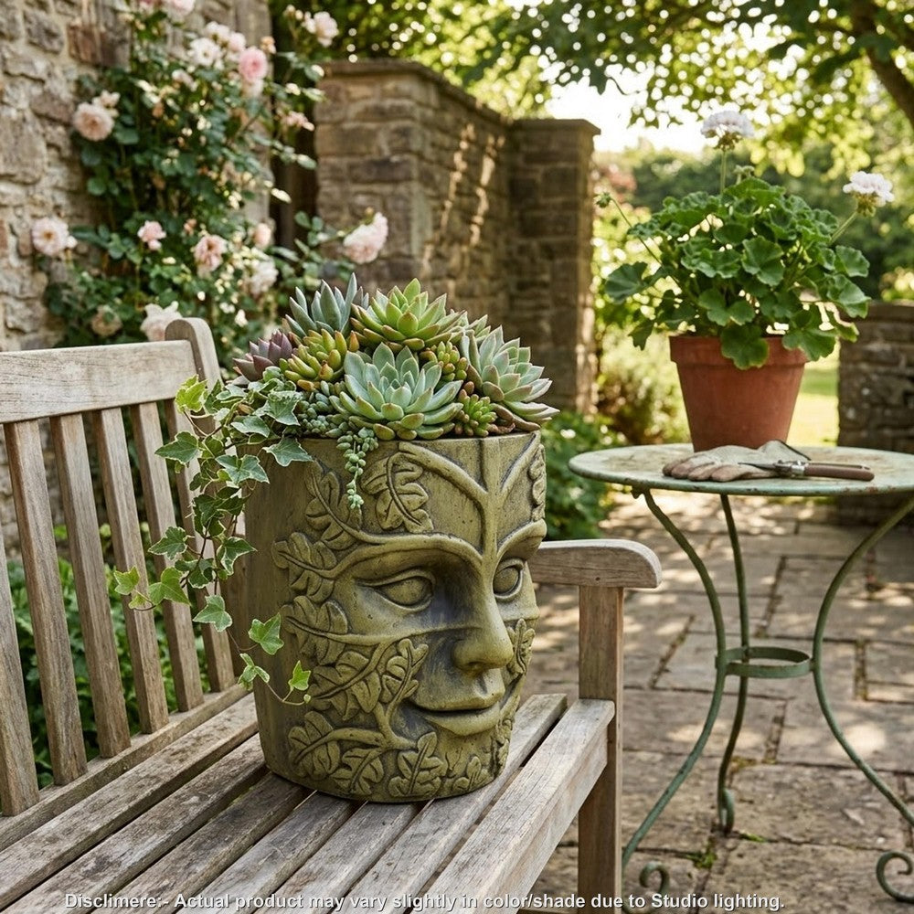 Urn Planter, Man Face, Cylindrical Shape, Antique Green Concrete 14 Inch-BM355298