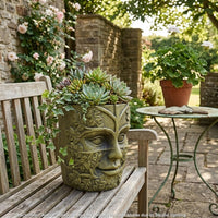 Urn Planter, Man Face, Cylindrical Shape, Antique Green Concrete 14 Inch-BM355298
