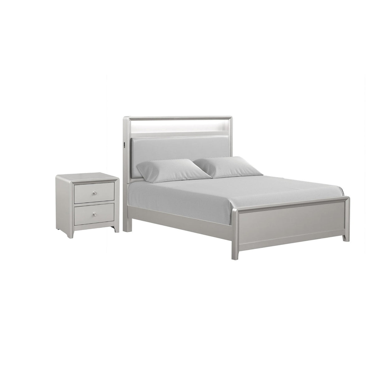 Full Bedroom Set, Champagne Silver, Gray, and Nickel, 2 Piece Set with Nightstand-BM355304