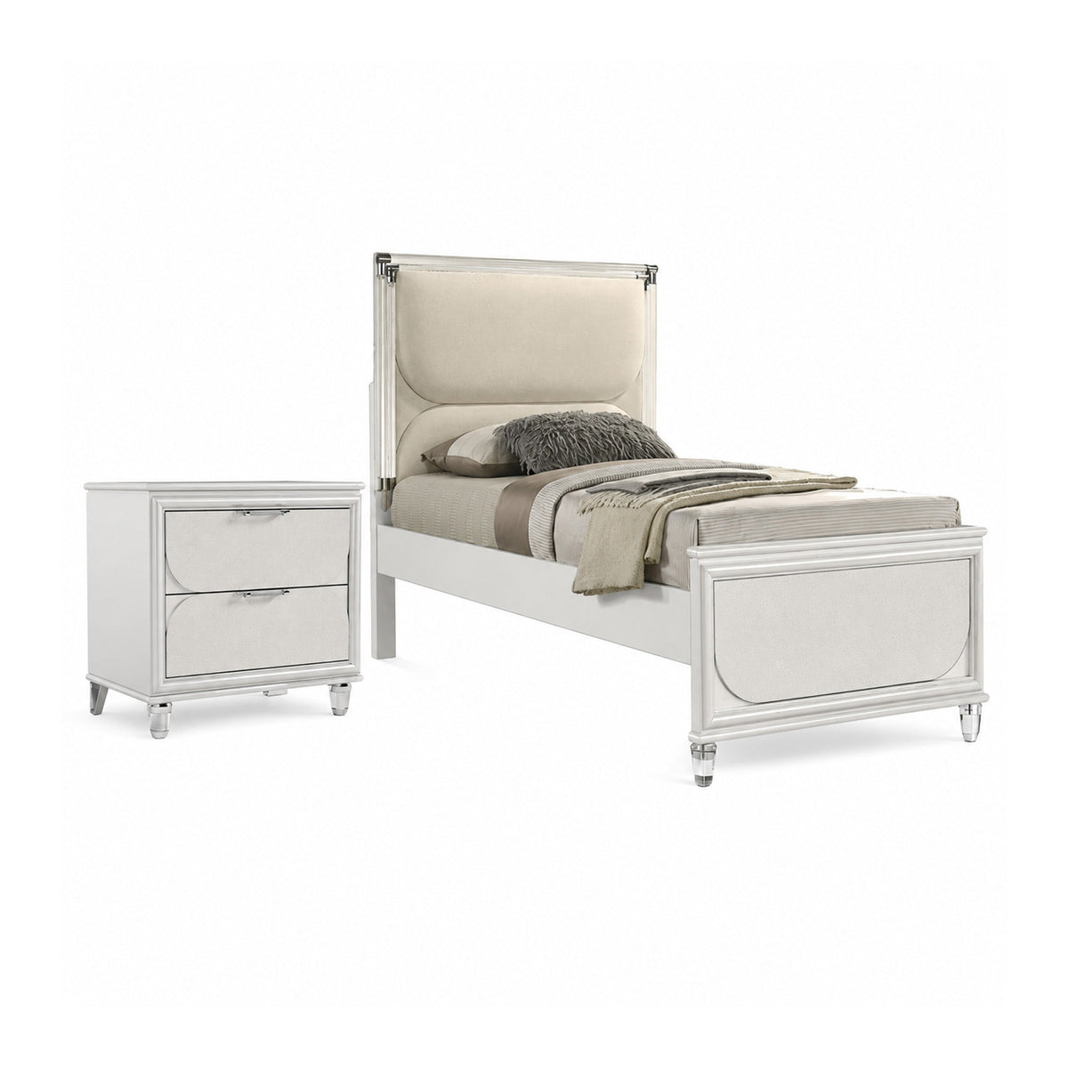 Full Bedroom Set, Pearl White and Clear, 2 Piece Set with Nightstand-BM355306