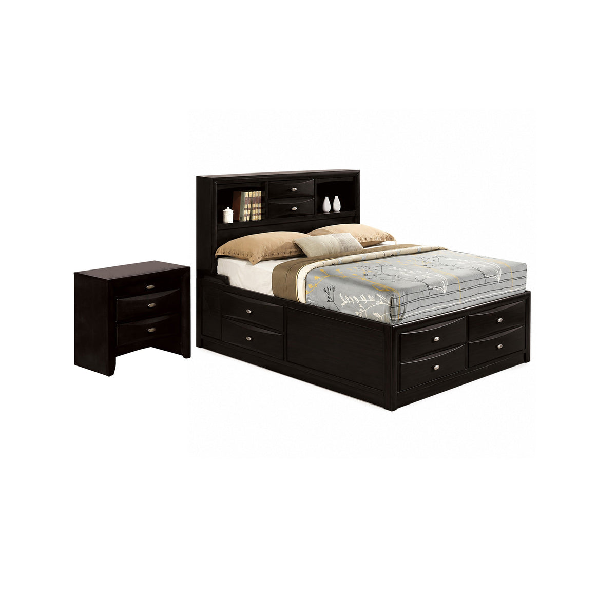Full Bedroom Set, Black and Nickel, 2 Piece Set with Nightstand-BM355307