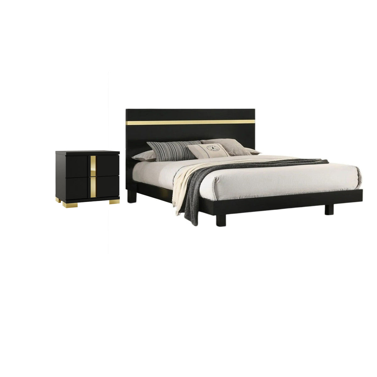 Full Bedroom Set, Black and Gold, 2 Piece Set with Nightstand-BM355309