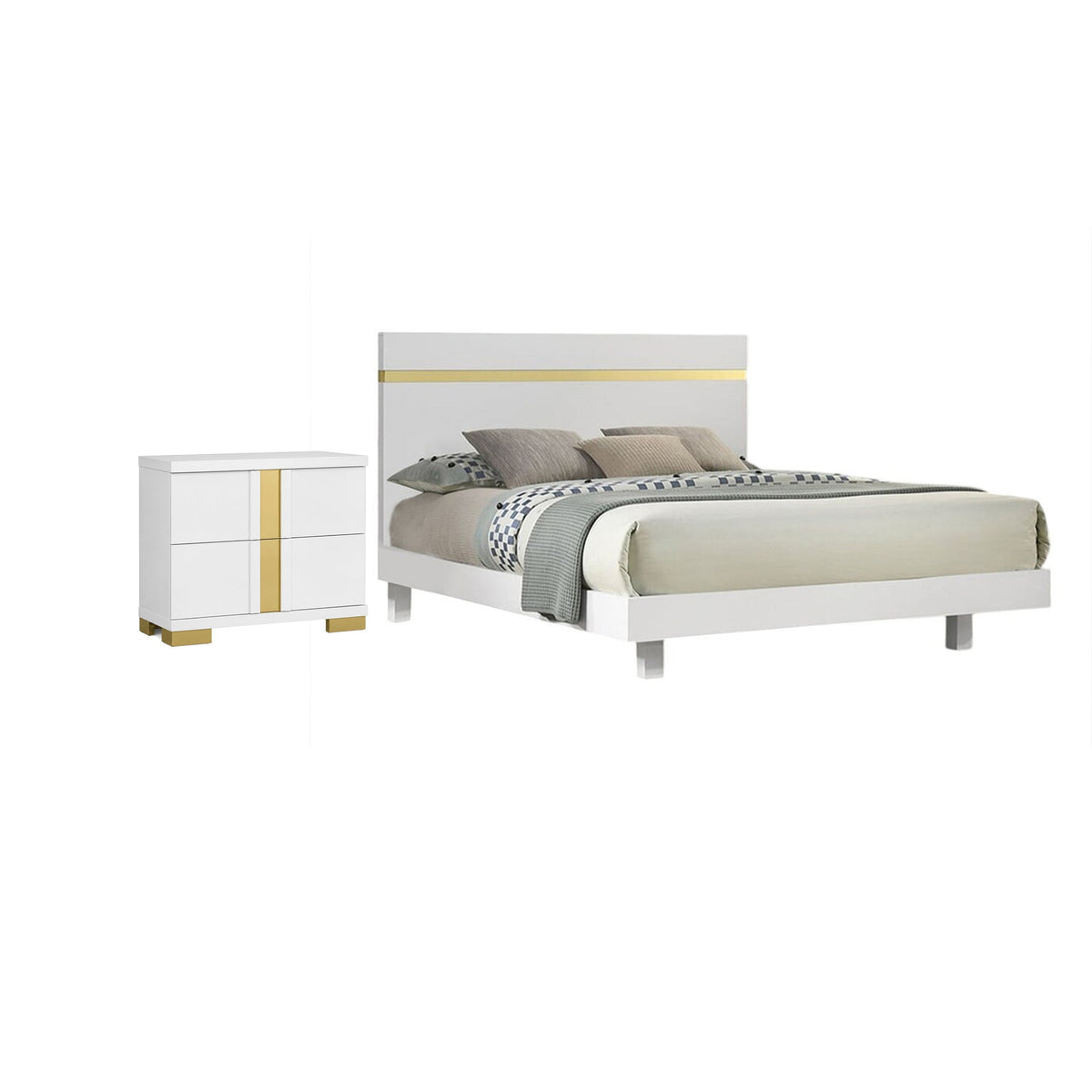 Full Bedroom Set, White and Gold, 2 Piece Set with Nightstand-BM355310