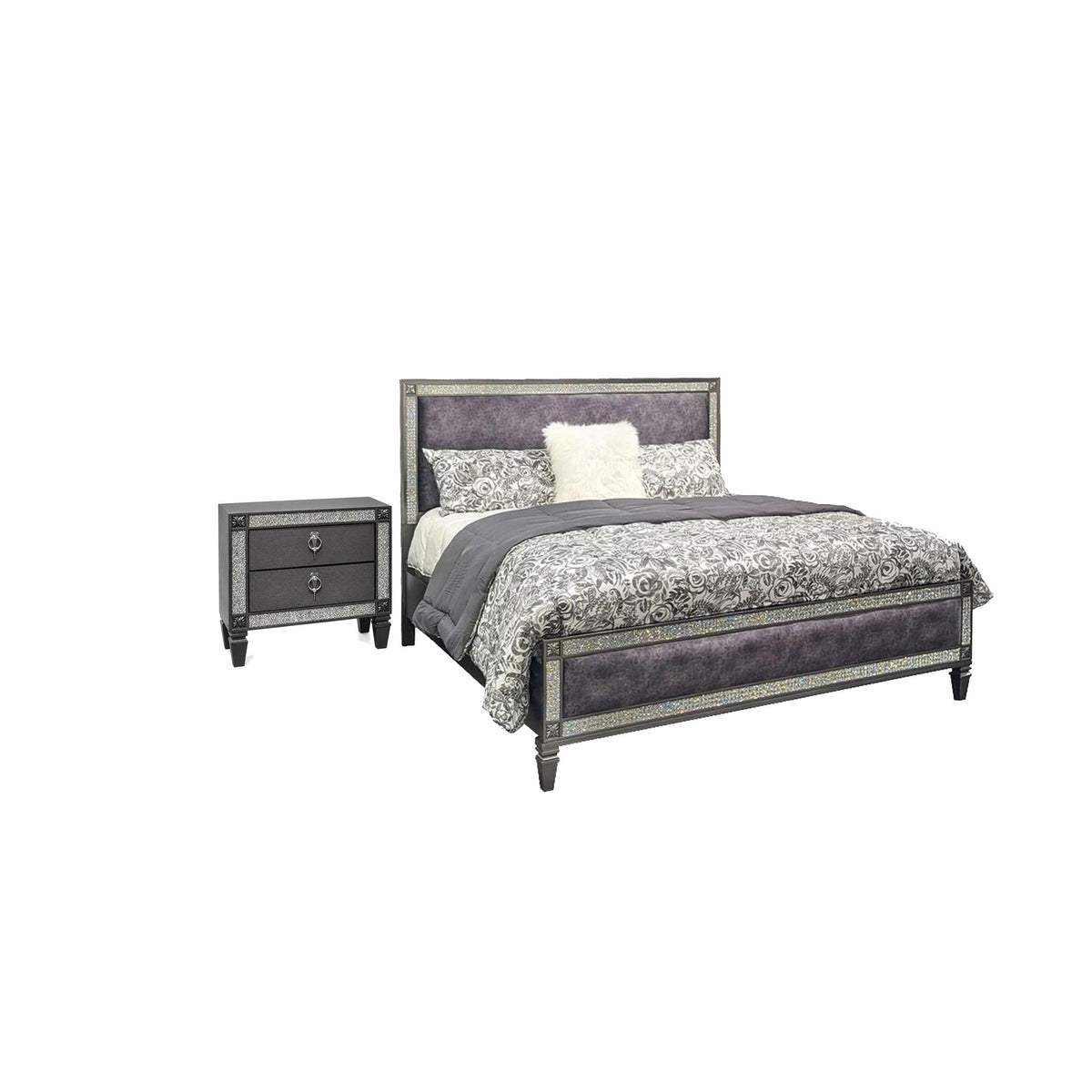 Full Bedroom Set, Gray and Nickel, 2 Piece Set with Nightstand-BM355312