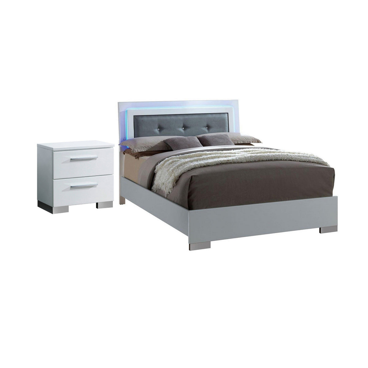 2pc King Bedroom Set, White and Black, White Wood, Nightstand-BM355418