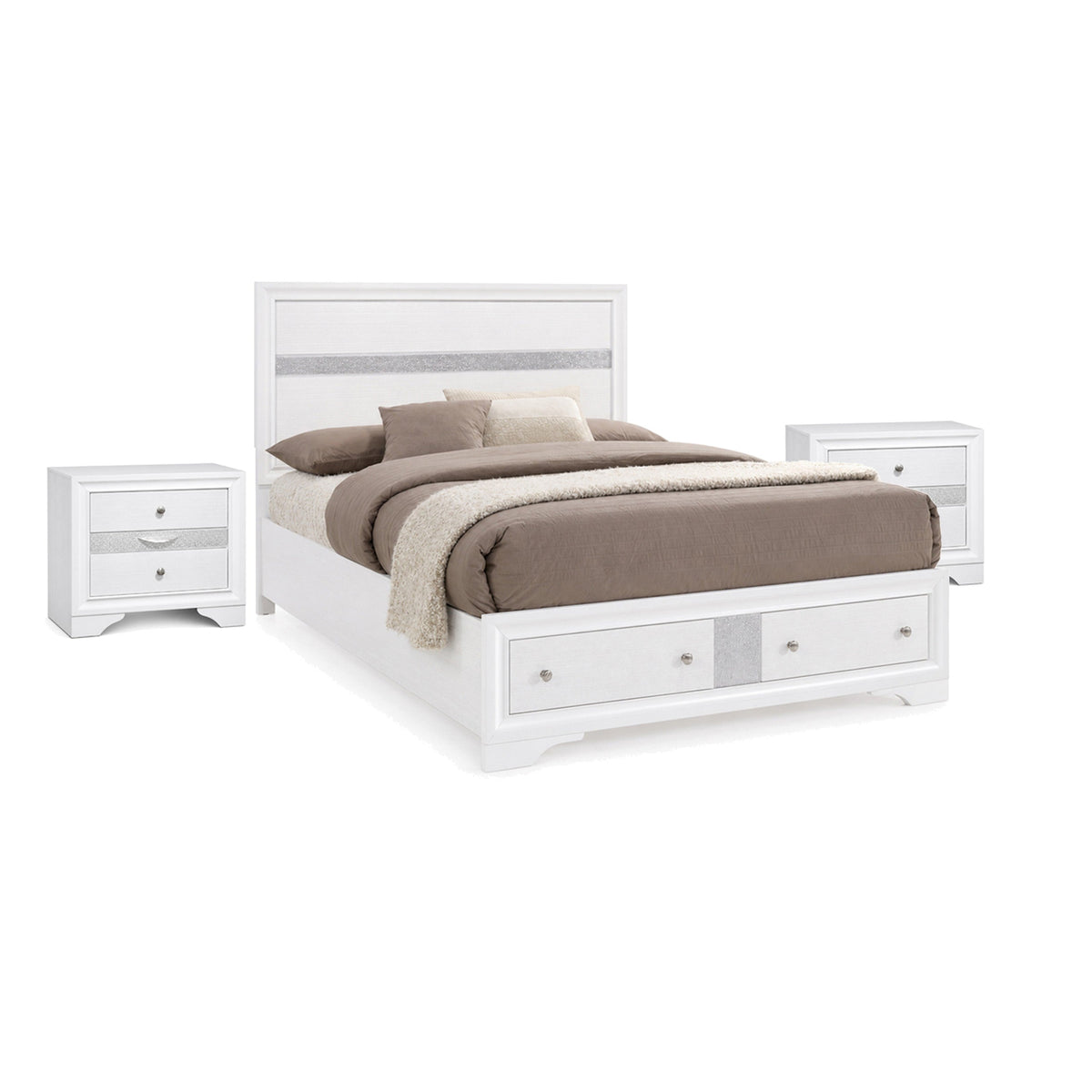 3pc King Bedroom Set, White Wood, One King bed With 2 Nightstands-BM355435