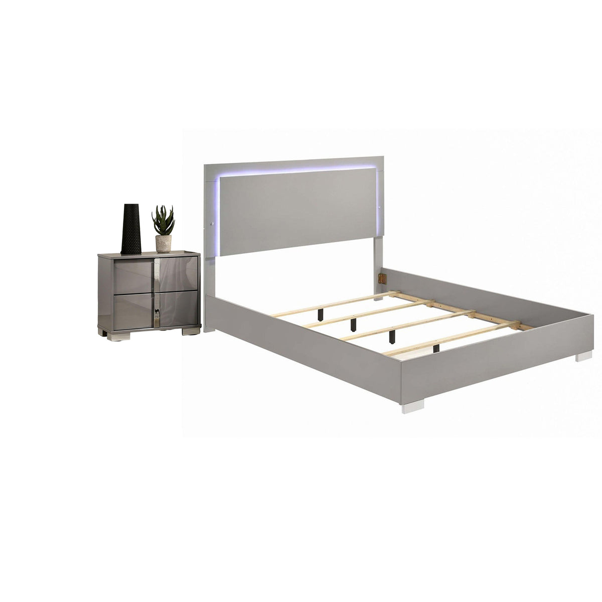 2pc King Bedroom Set, Light Taupe, Chrome Silver, Chrome Wood, Nightstand-BM355450