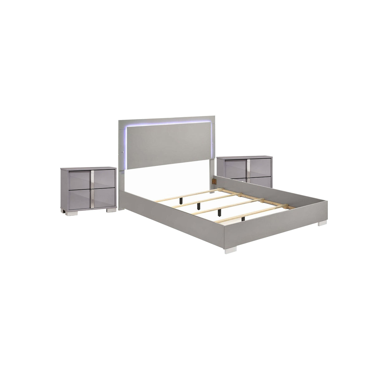 3pc King Bedroom Set, Chrome Silver, Light Taupe, Chrome Wood, 2 Nightstands-BM355451