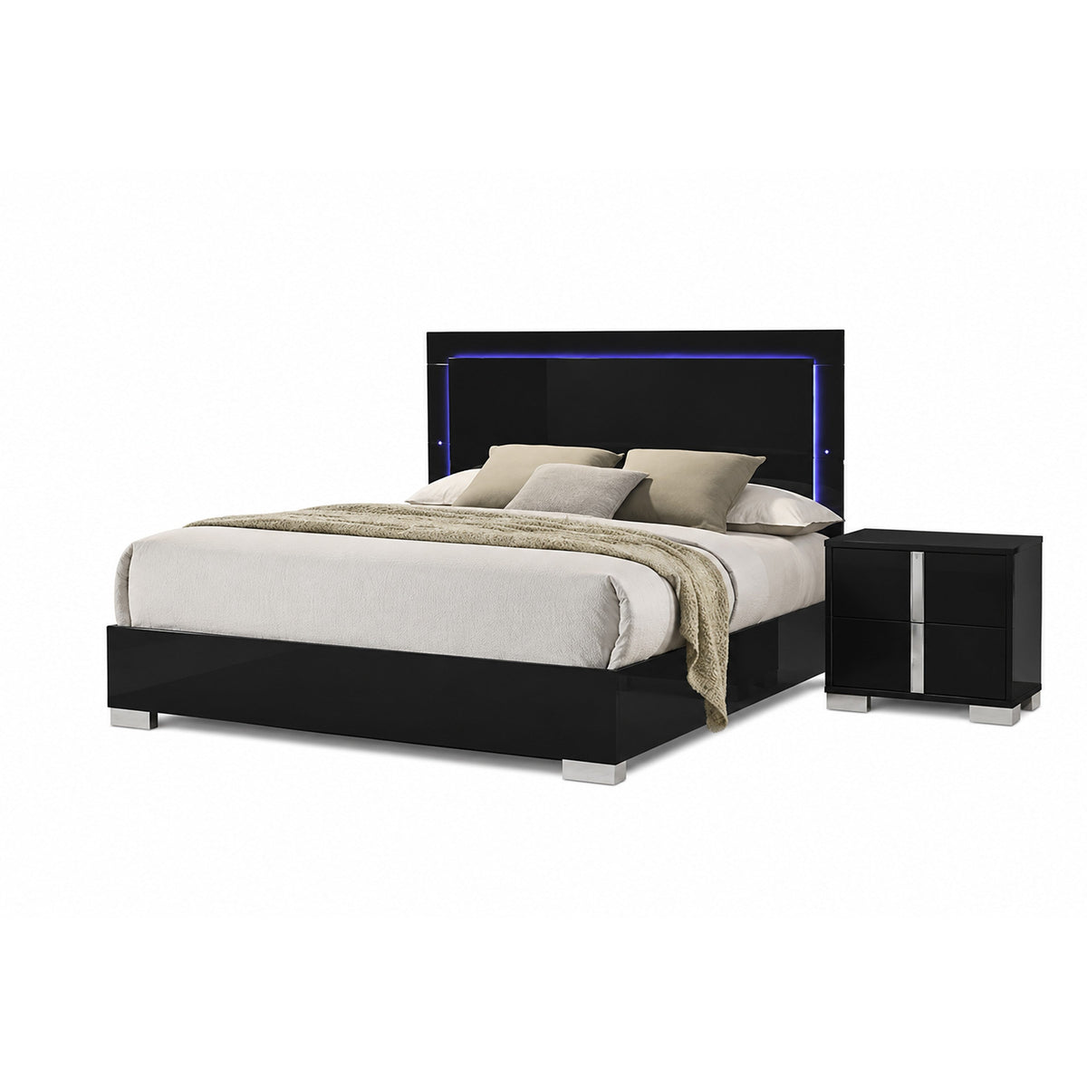 2pc King Bedroom Set, Piano Black, Chrome Silver, Chrome Wood, Nightstand-BM355452