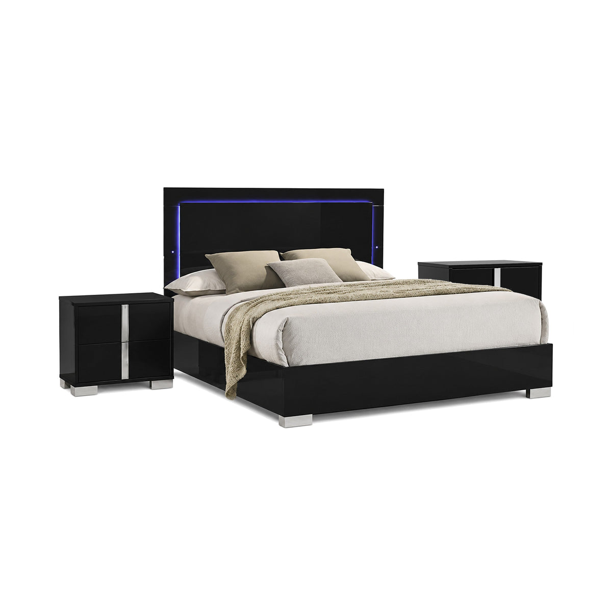 3pc King Bedroom Set, Piano Black, Chrome Wood, 2 Nightstands-BM355453