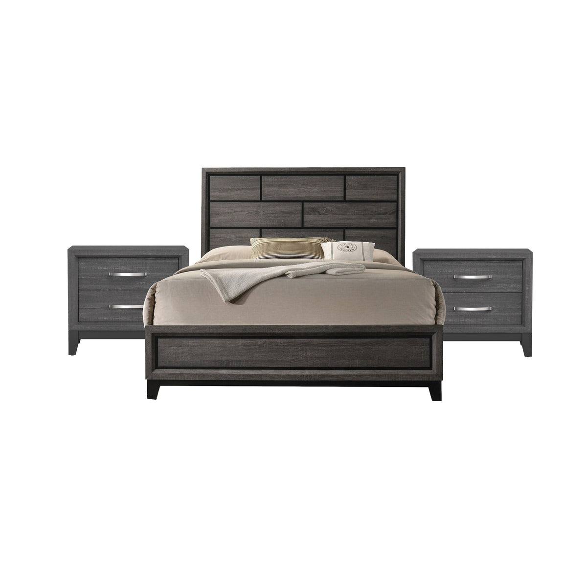 3pc King Bedroom Set, Gray, Black Wood, 2 Nightstands-BM355455