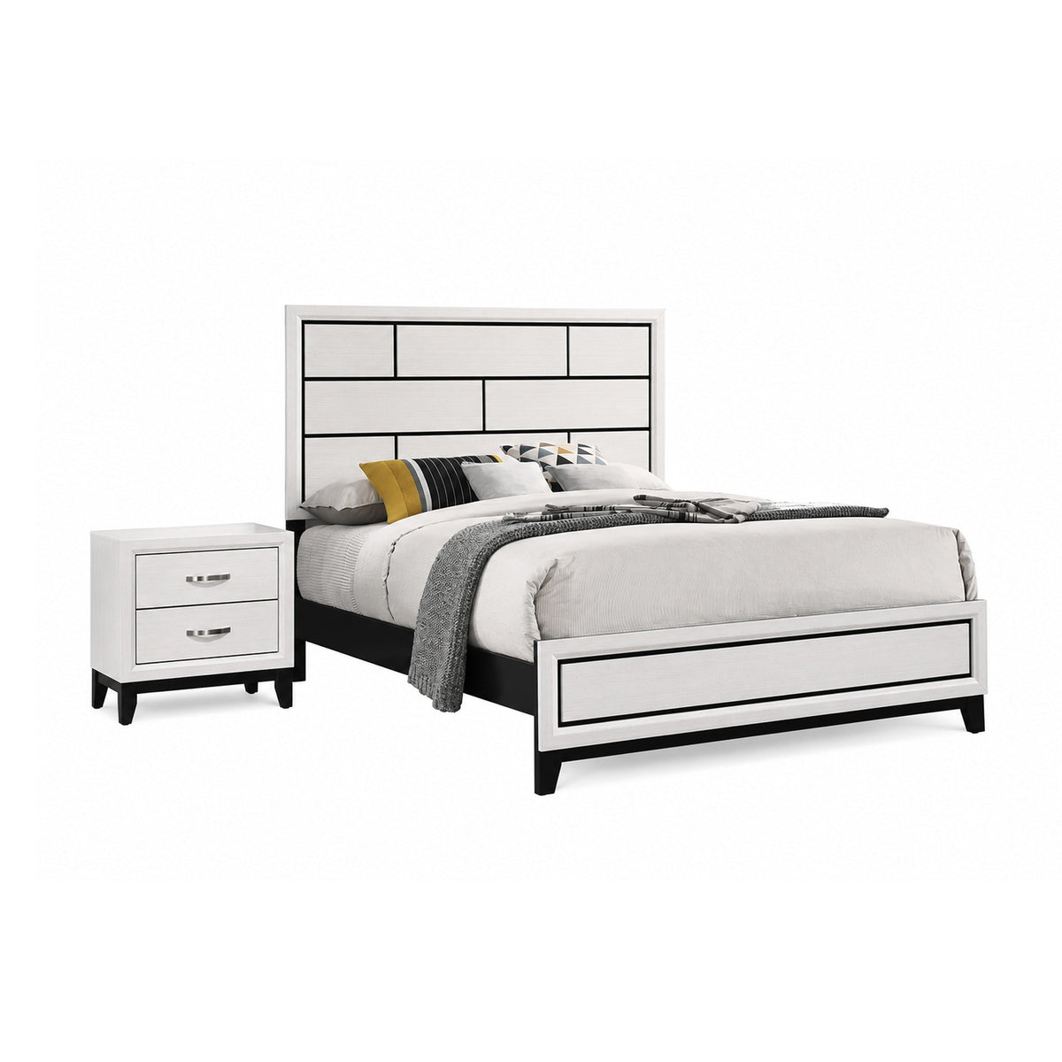 2pc King Bedroom Set, White, Black, Nickel Wood, Nightstand-BM355456