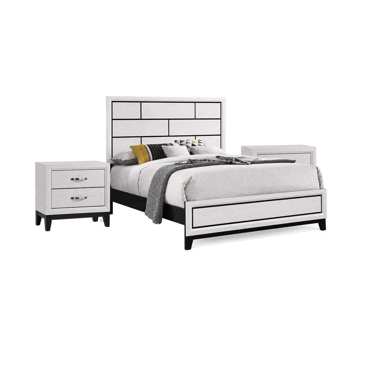 3pc King Bedroom Set, White, Black, Nickel Wood, 2 Nightstands-BM355457