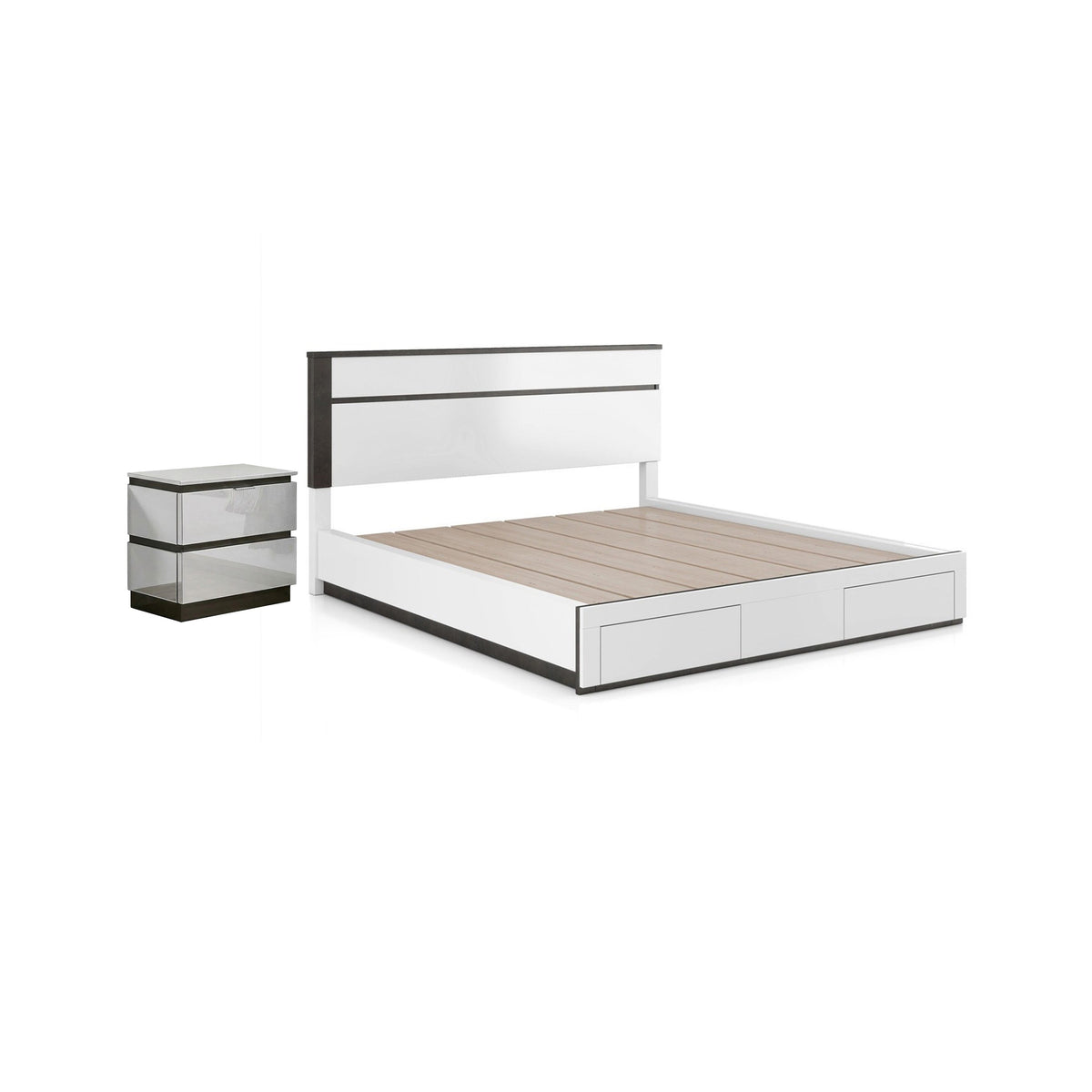 2pc King Bedroom Set, White, Metallic Gray Wood, Nightstand-BM355497